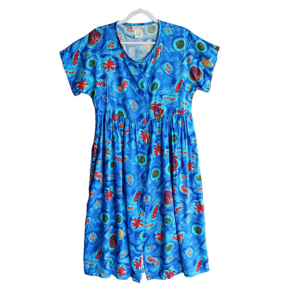 VINTAGE Appel House‎ Midi Dress Womens Small Blue Button Front Fish Coastal 90s - Picture 1 of 9